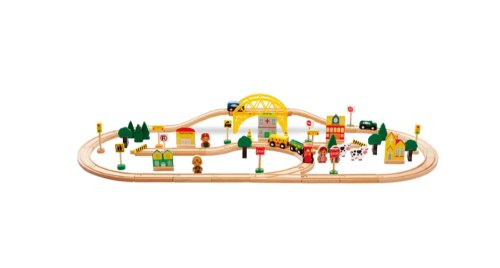 Circuit de tren din lemn omc, cu accesorii, 80 de piese, multicolor