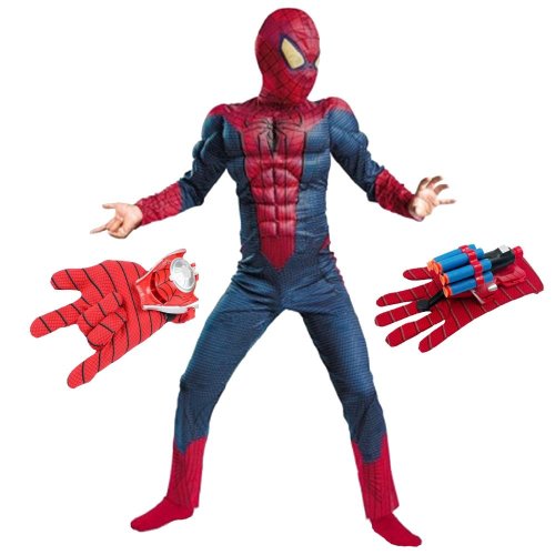 Costum spiderman cu muschi infinity war pentru copii si doua lansatoare pentru baiat 110 - 120 cm 5-7 ani