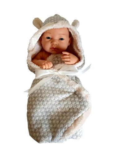 Papusa bebelus din cauciuc cu sistem de infasare gri si jucarie iepuras textil, inaltime 35 cm