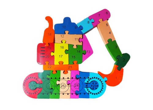 Puzzle 3d din lemn pentru copii cu alfabet si cifre, excavator, 26 piese, 23 cm, 18014sx