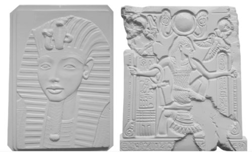 Set figurine, galindo, de pictat si colorat, masca egipteana + fragment, ipsos, + 4 ani, 2 buc