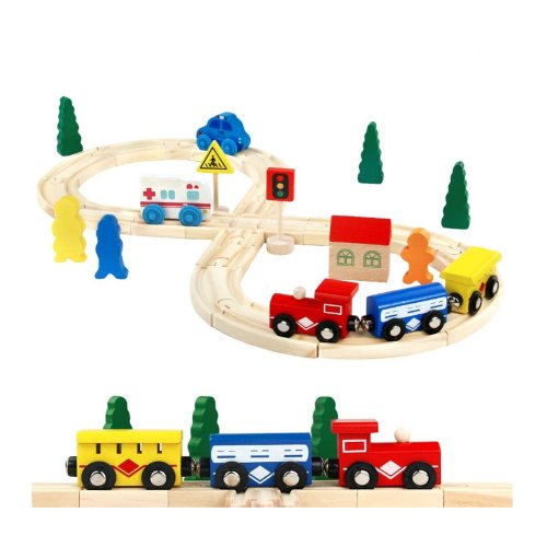 Trenulet cu sina din lemn pentru copii cu 33 de piese, wd8001